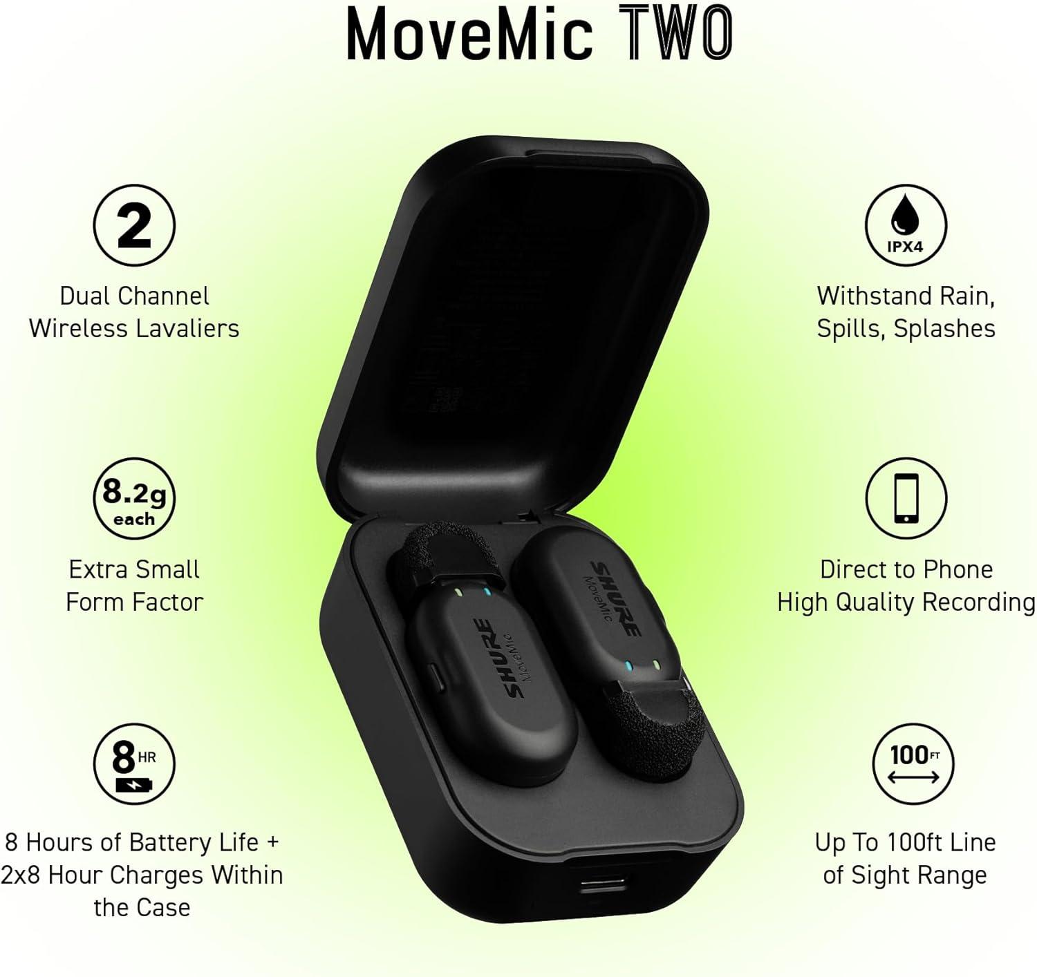 imageShure MoveMic One  Pro Direct to Phone Wireless Lavalier Microphone for iPhone ampamp Android Bluetooth Mini Mic 24 Hours Charge Quick Set Up IPX4 Compact ampamp Portable Clip Lav MVONEZ7Two Channel