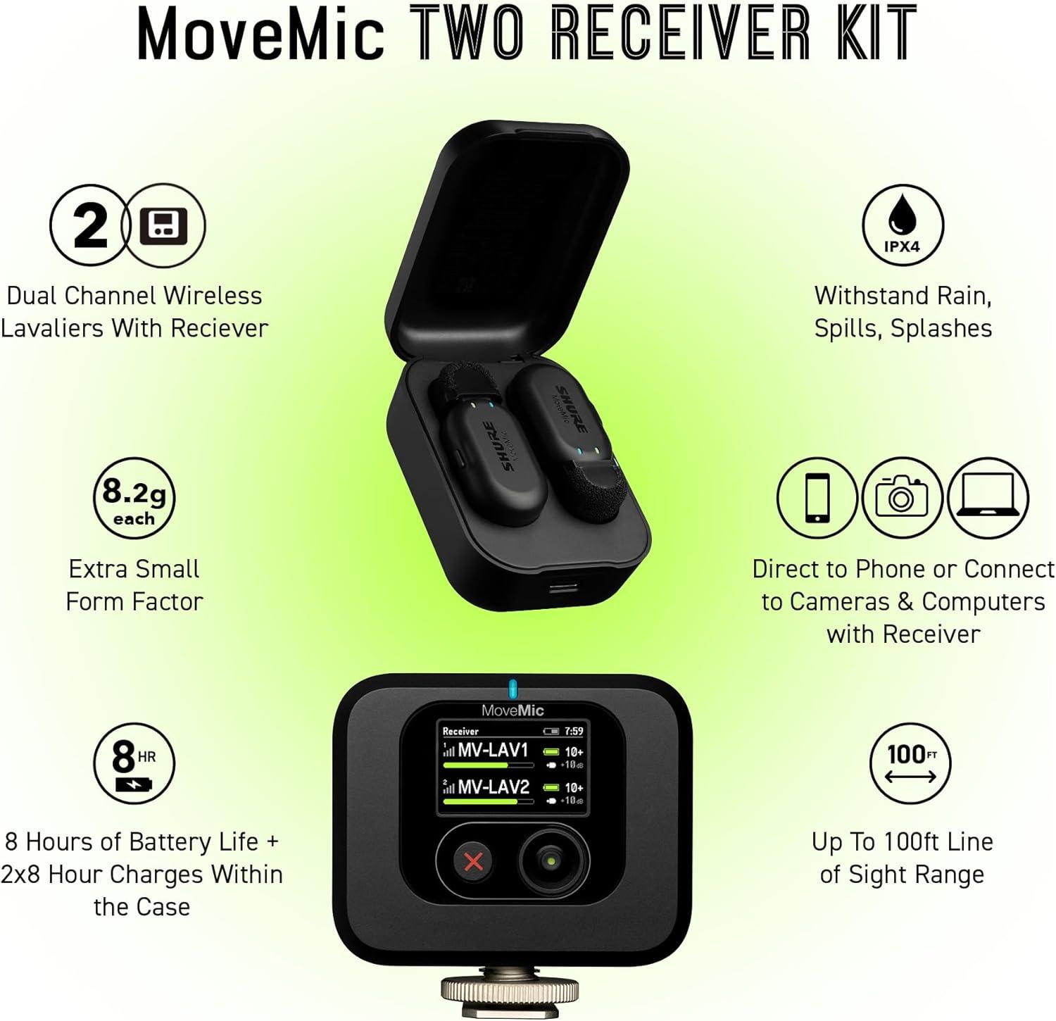imageShure MoveMic One  Pro Direct to Phone Wireless Lavalier Microphone for iPhone ampamp Android Bluetooth Mini Mic 24 Hours Charge Quick Set Up IPX4 Compact ampamp Portable Clip Lav MVONEZ7Two Channel Kit