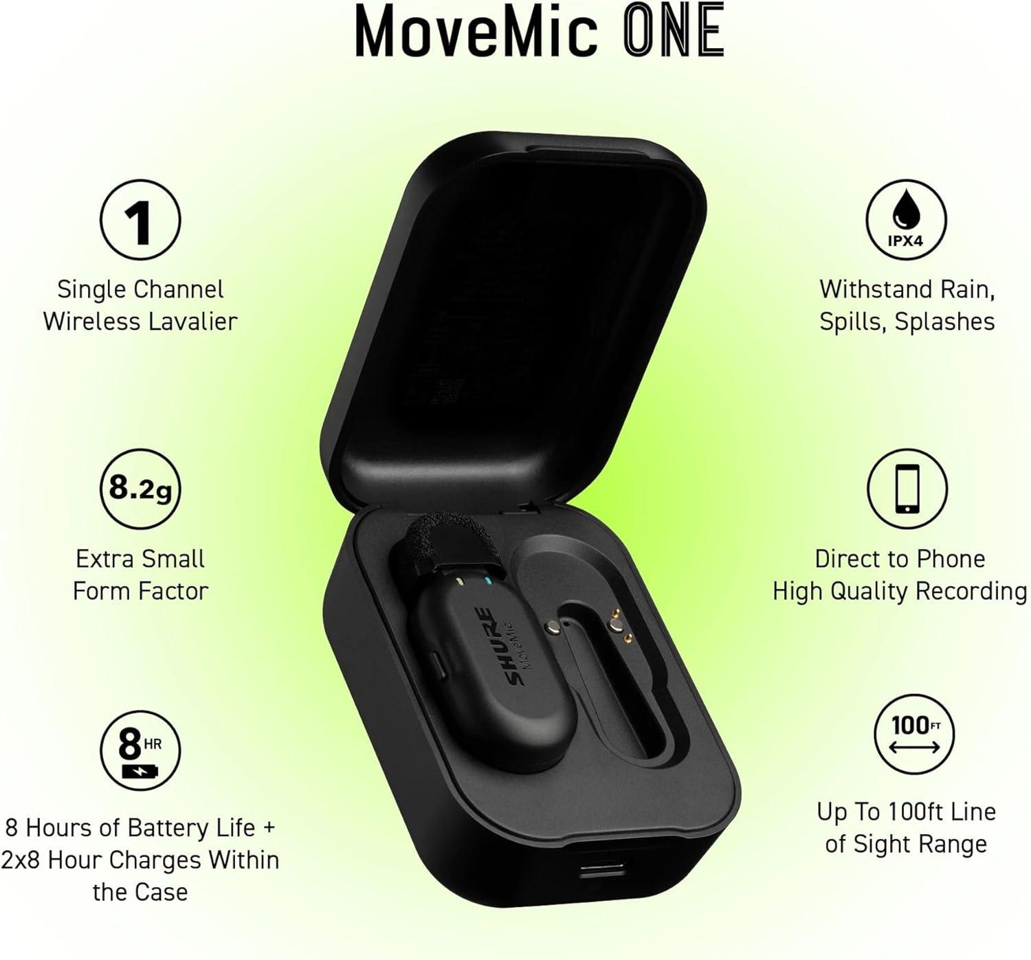 imageShure MoveMic One  Pro Direct to Phone Wireless Lavalier Microphone for iPhone ampamp Android Bluetooth Mini Mic 24 Hours Charge Quick Set Up IPX4 Compact ampamp Portable Clip Lav MVONEZ7Single Channel